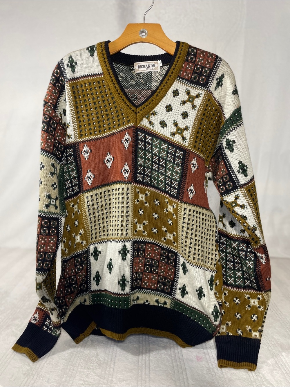 Vintage Richards DKL Patchwork Knit Sweater | 90s Grandpa Core V-Neck Cozy Knit